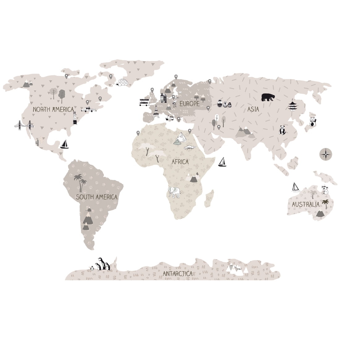 world map beige | sticker. children's wall decals. room decorations