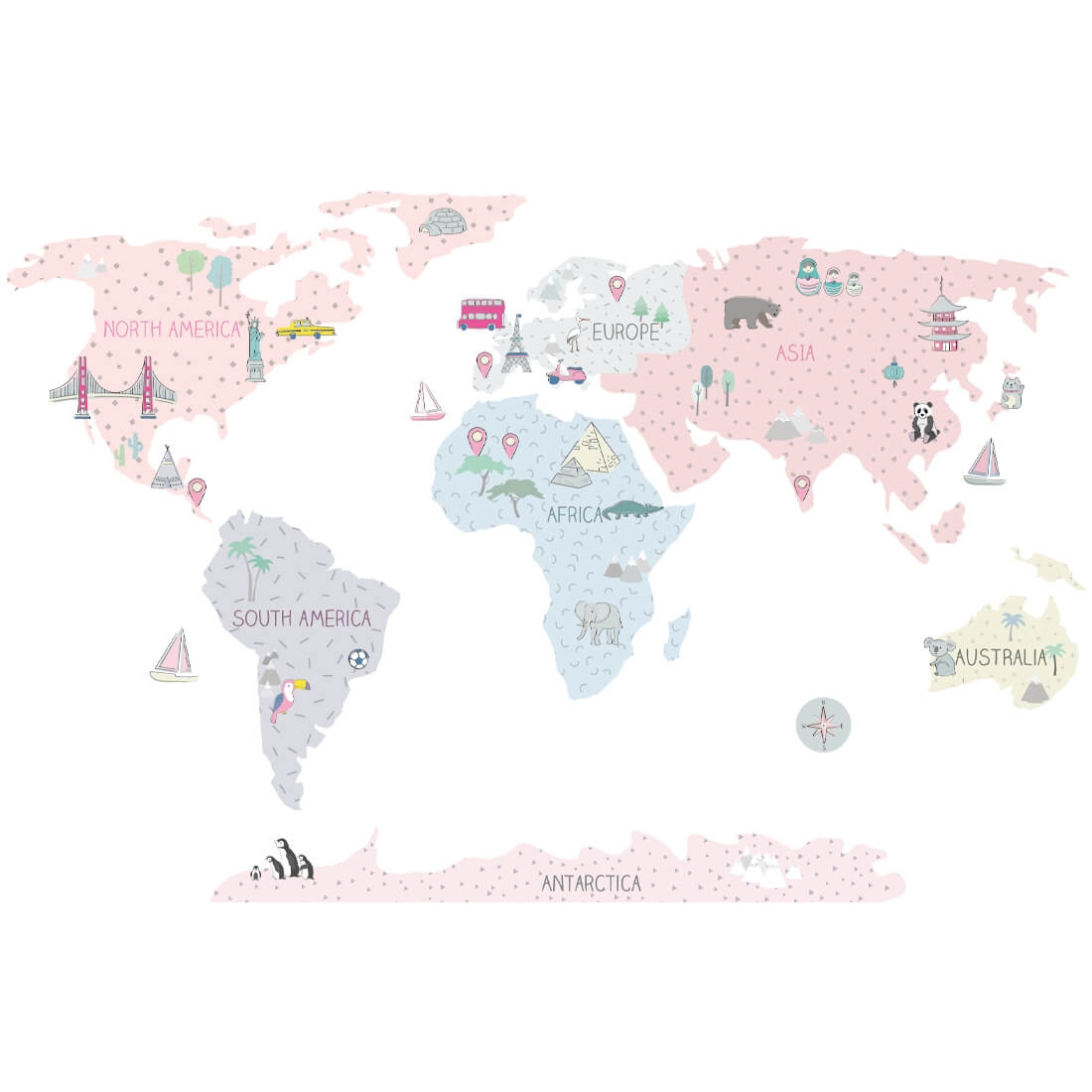 world map pink | sticker. children's wall decals. room decorations