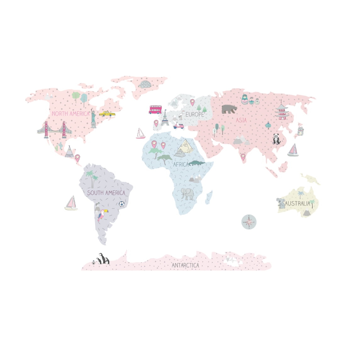 world map pink | sticker. children's wall decals. room decorations