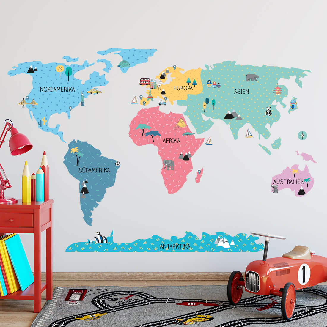 weltkarte bunt | aufkleber. Aufkleber für Kinder. Raumdekorationen